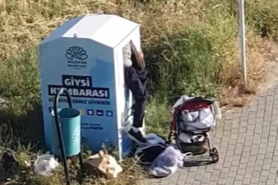 Bursa'da canlarını hiçe sayarak giysi kumbarasından kıyafet çaldılar
