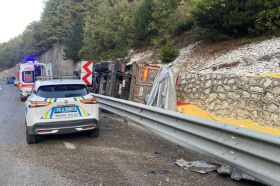 Bursa'da kontrolden çıkan yem yüklü tır devrildi