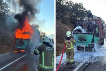 Bursa'da talaş yüklü TIR alevlere teslim oldu
