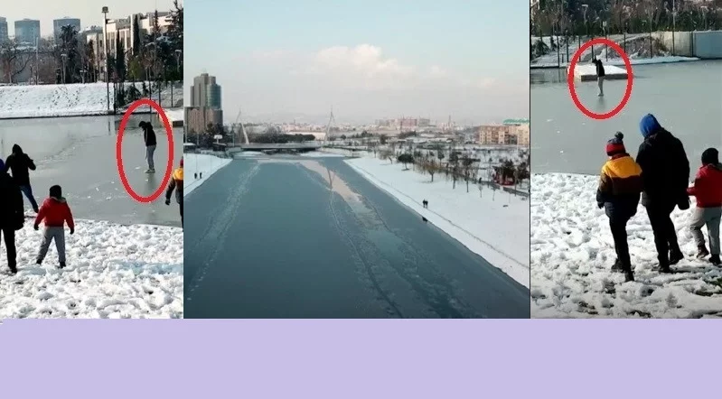 Bursa’da Nilüfer Çayı buz tuttu, vatandaşlar üzerinde yürüdü