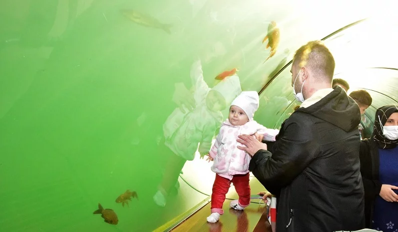 Türkiye’nin en büyük tatlı su tünel akvaryumu çocukları ağırladı